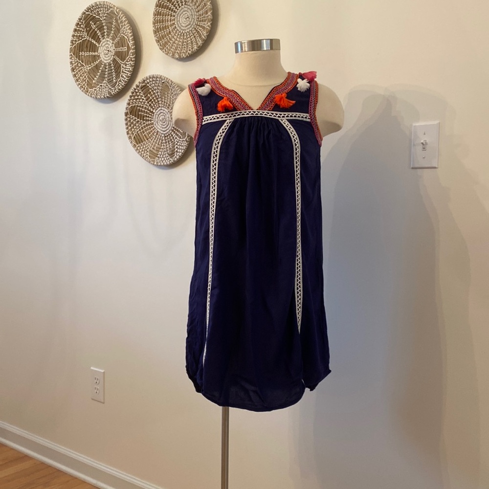 Red Camel Blue Dress With Fringe and Embroidery